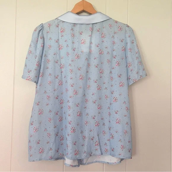 Simple Retro Blue Pink Romantic Bohemian Peter Pan Collar Button Down Top NWT L - Picture 2 of 10